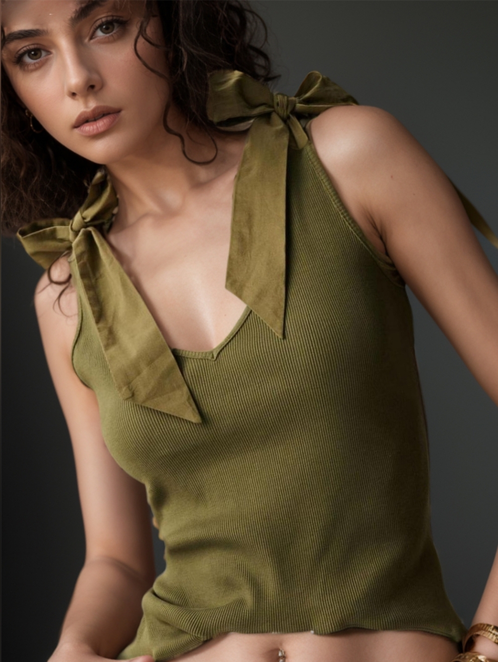 Olive Tie-Shoulder Ribbed Tank Top